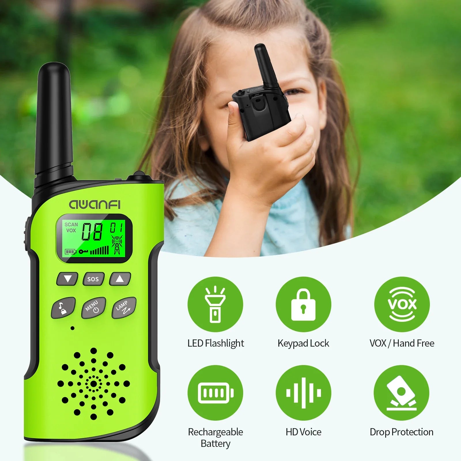 Rechargeable Long Range Kids Walkie Talkies with USB-C for Camping 4 Pack