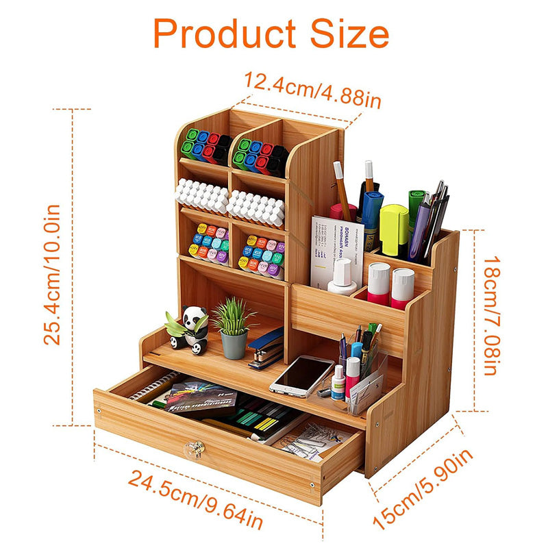 Large Wooden Desk Organizer Caddy | Desktop Stationery Storage Box