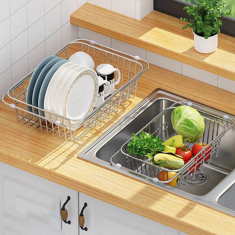 Expandable Over Sink Dish Drying Rack | Stainless Steel Drainer Basket