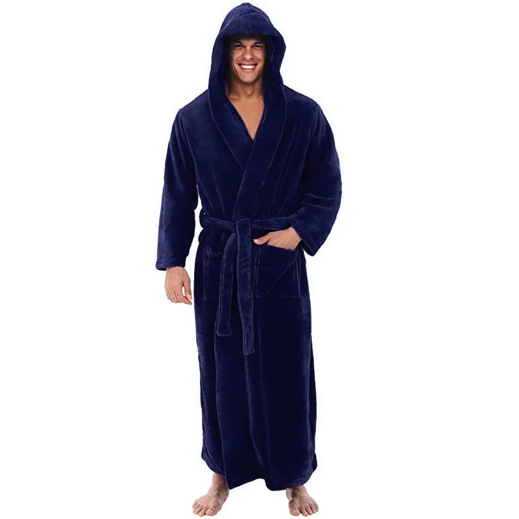Men's Hooded Bathrobe, Plush Fleece Robe with Pockets