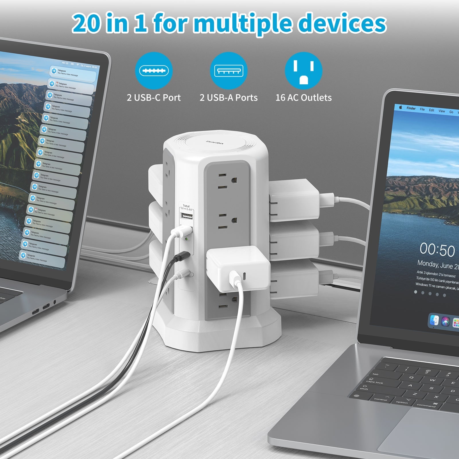 4-Layer Tower Power Strip with 3 Meter Extension Cord | US Plug, PD Fast Charging