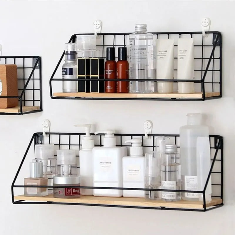 Rustic Wood & Iron Wall Shelf | Kitchen Spice Rack & Bathroom Organizer