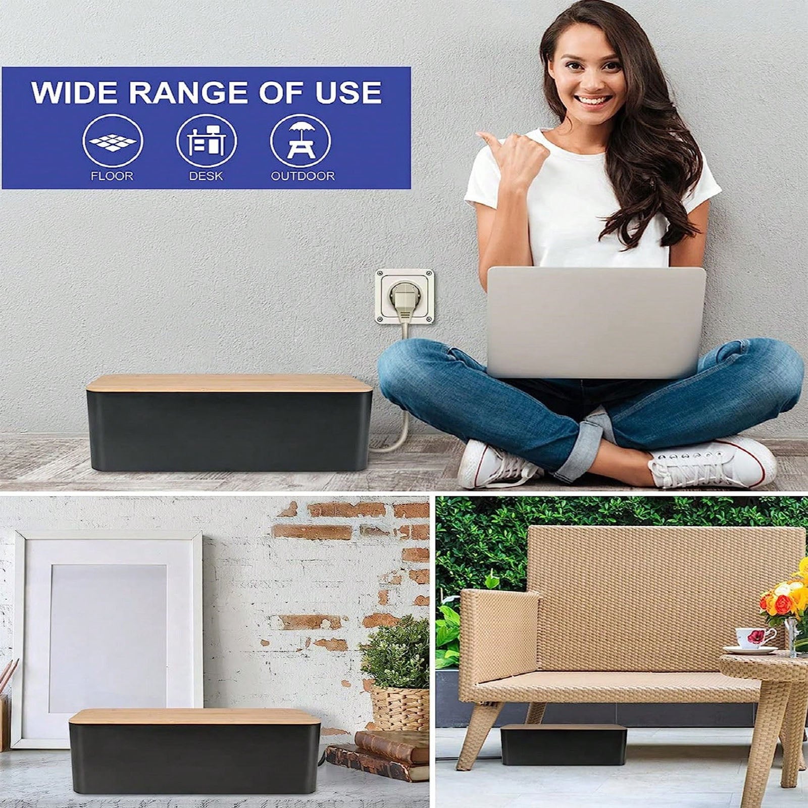 Bamboo Lid Cable Management Box - Stylish Cord Organizer for Home & Office