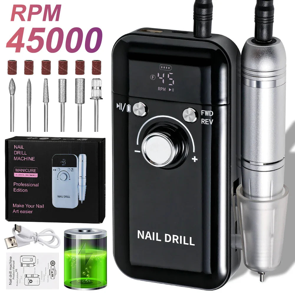Nail Drill 45000 RPM Rechargeable Electric File for Acrylic Gel