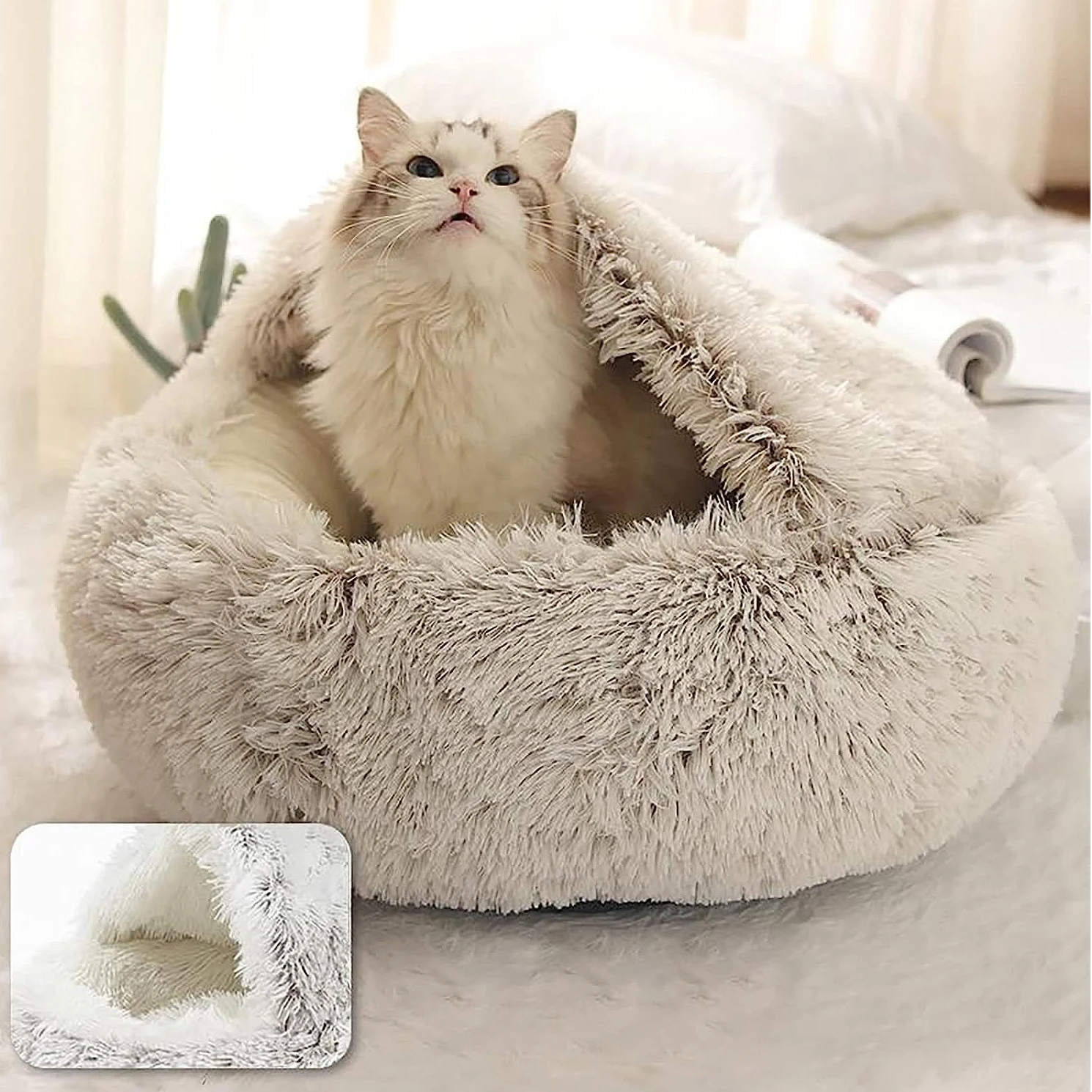 Calming Cave Dog Bed for Anxiety | Cozy Covered Pet Cushion