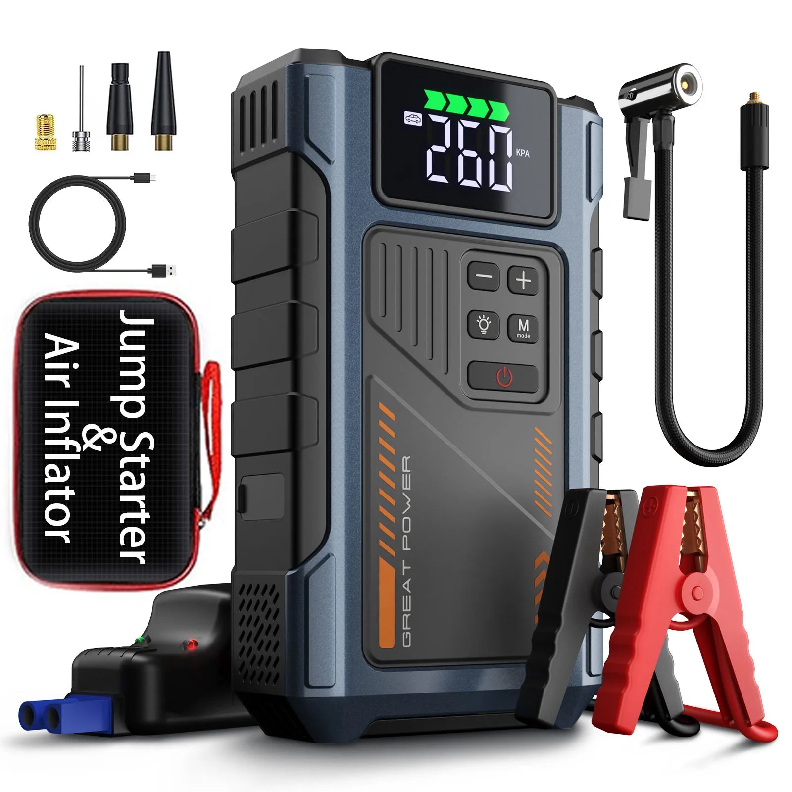 3000A Portable Jump Starter with Built-In Air Compressor & Emergency LED