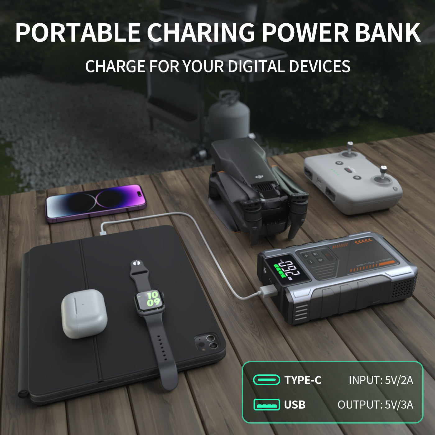 3000A Portable Jump Starter with Built-In Air Compressor & Emergency LED