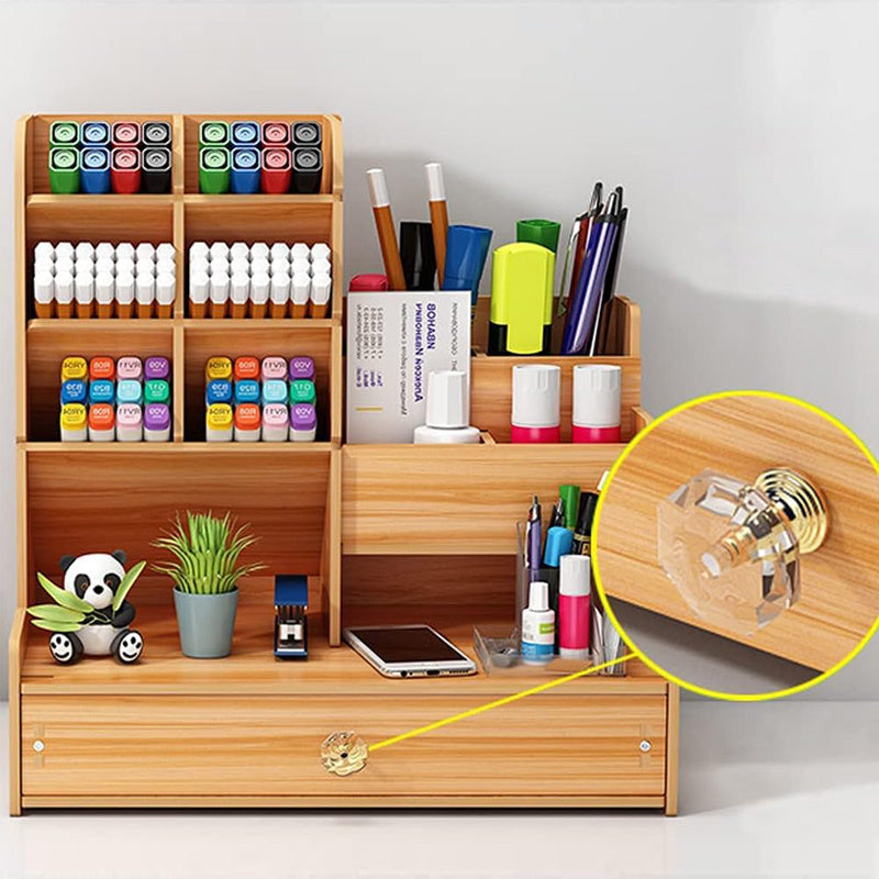 Large Wooden Desk Organizer Caddy | Desktop Stationery Storage Box