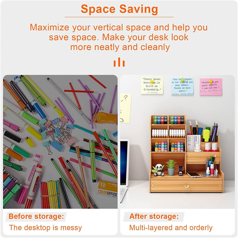 Large Wooden Desk Organizer Caddy | Desktop Stationery Storage Box