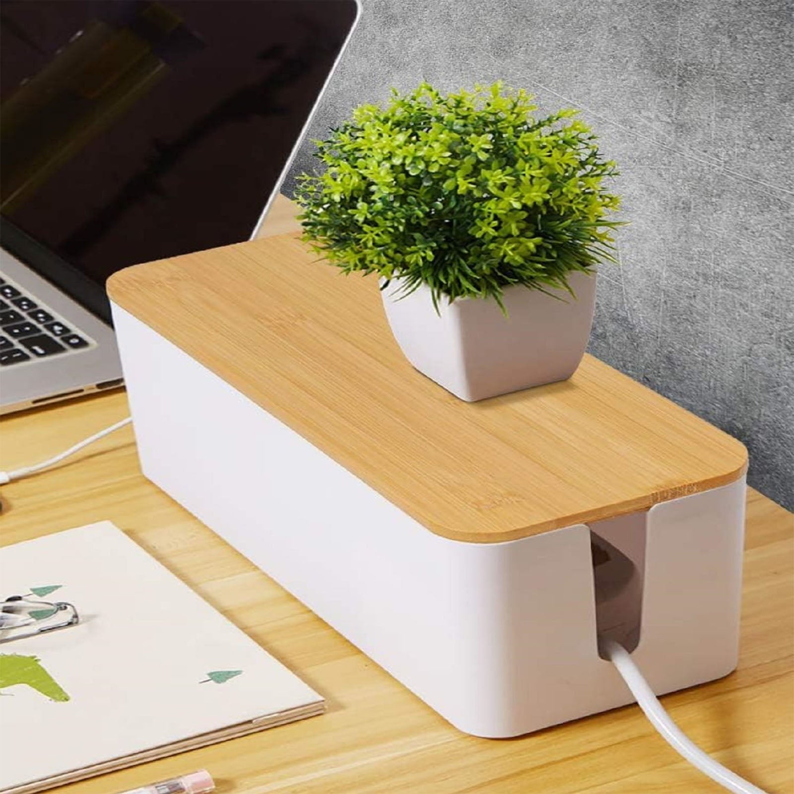Bamboo Lid Cable Management Box - Stylish Cord Organizer for Home & Office