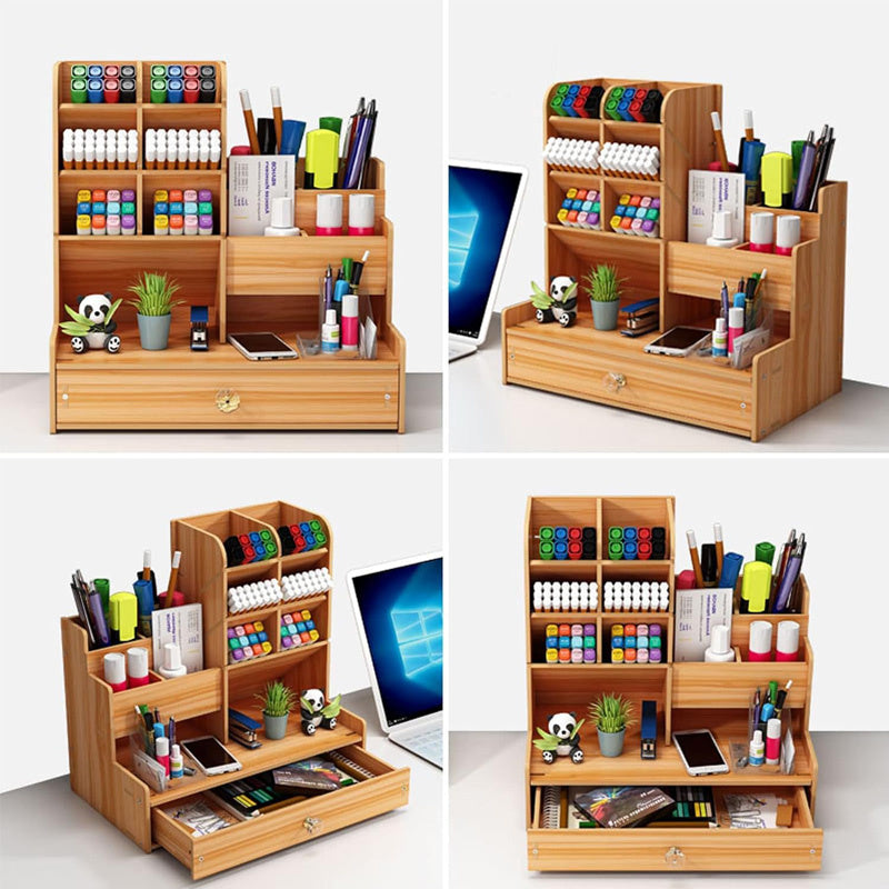 Large Wooden Desk Organizer Caddy | Desktop Stationery Storage Box