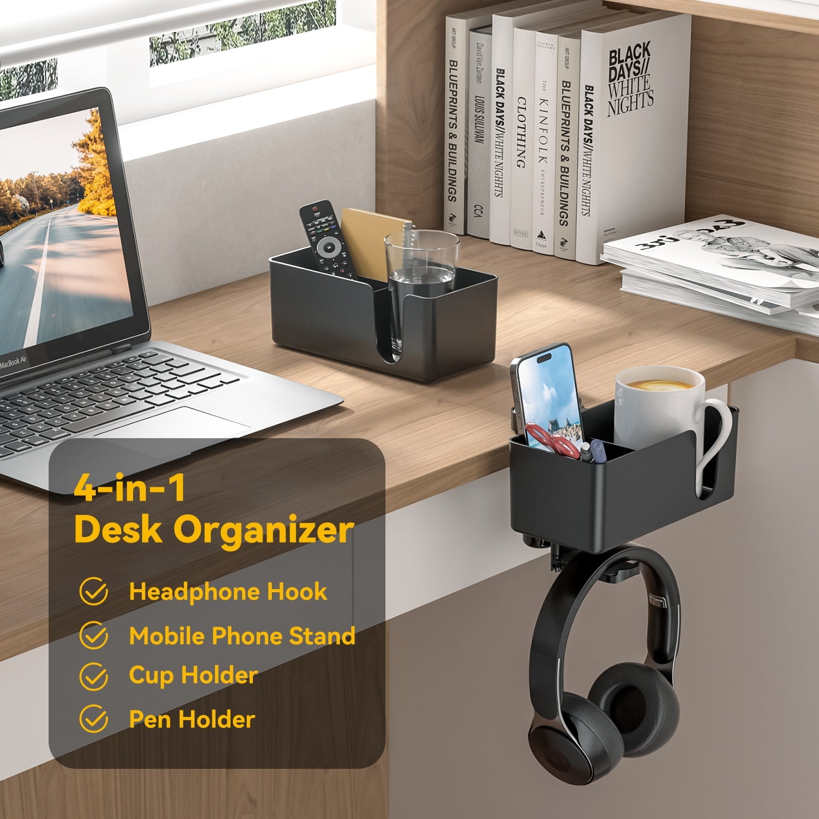 Rotating Desk Organizer - Clamp-On Headphone & Cup Holder for Workspace