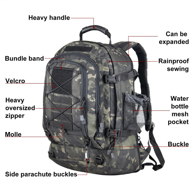 60L Military Tactical Backpack, Expandable Waterproof Rucksack for Hiking, Camping, Travel, & Outdoor Use