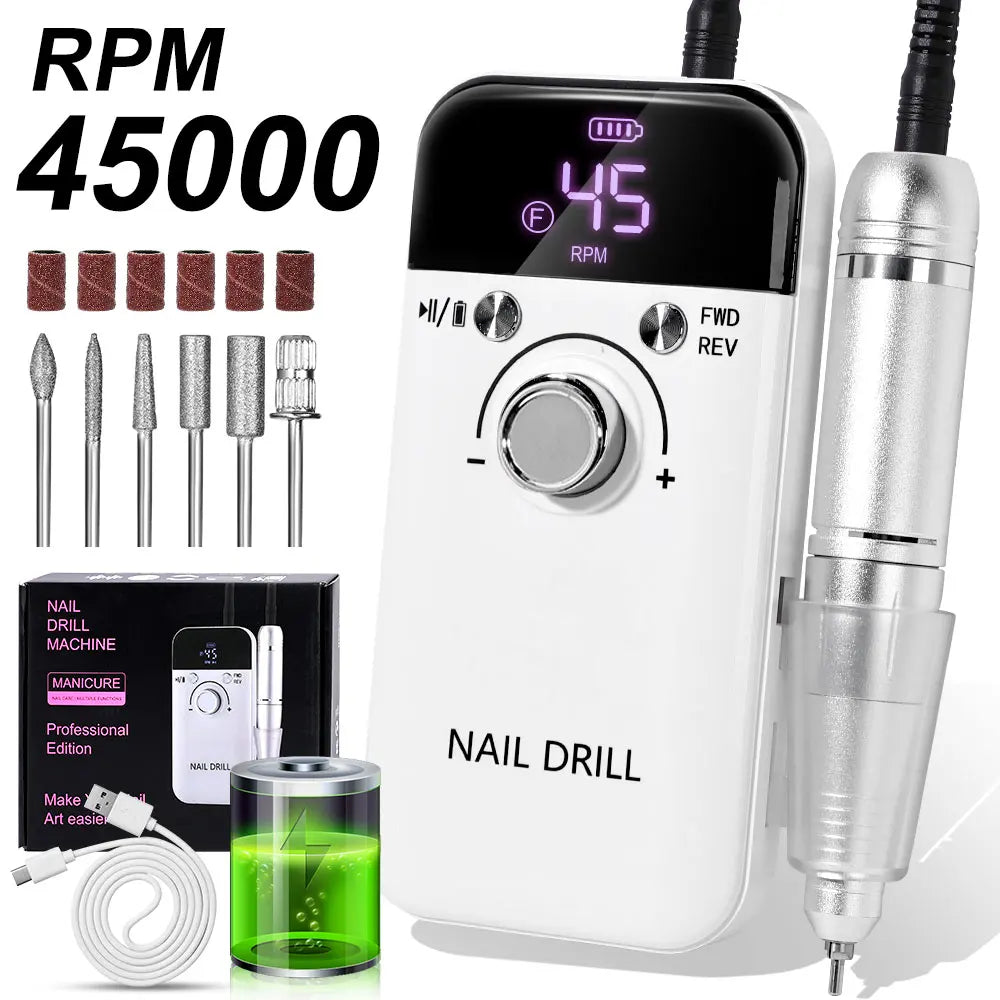 Nail Drill 45000 RPM Rechargeable Electric File for Acrylic Gel