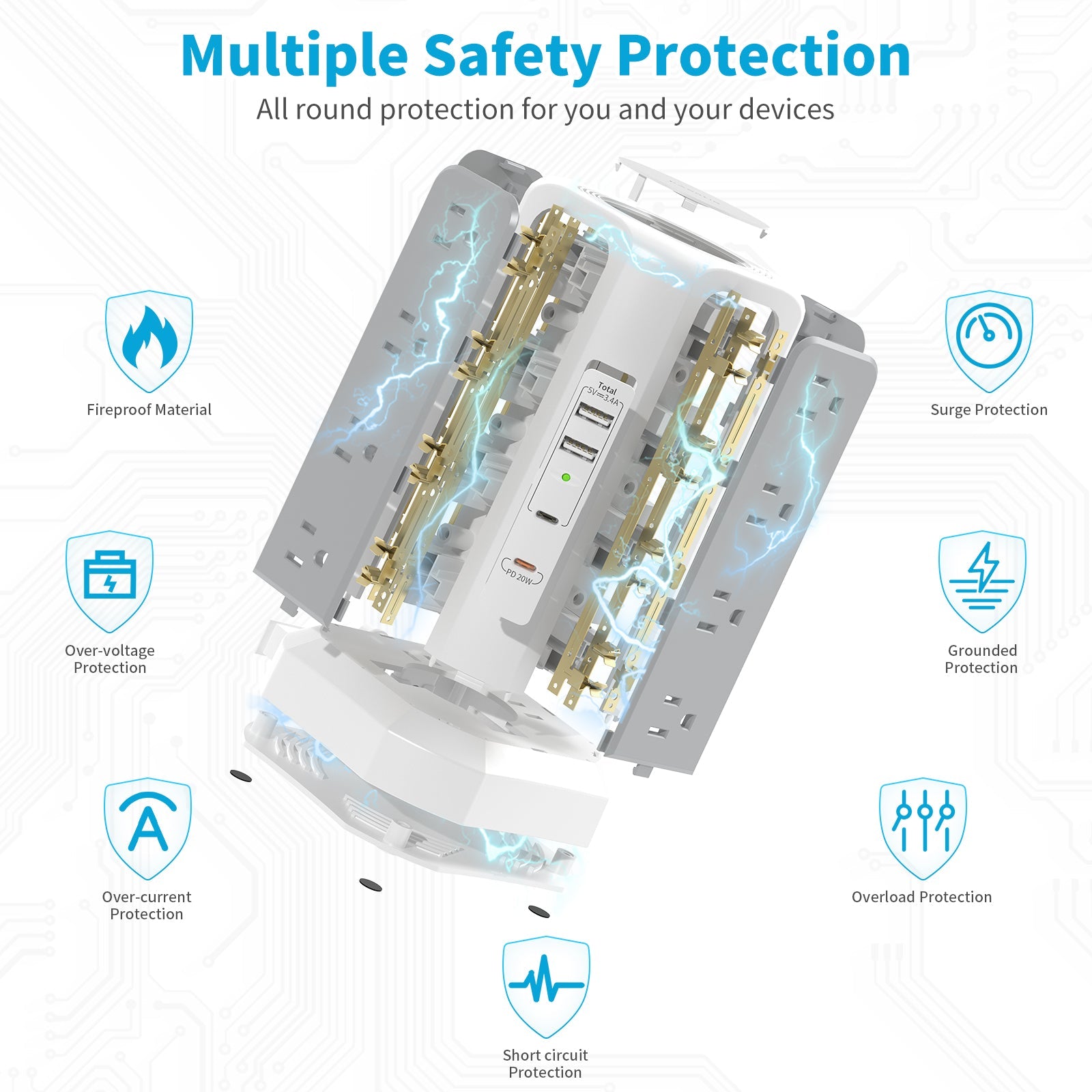 4-Layer Tower Power Strip with 3 Meter Extension Cord | US Plug, PD Fast Charging
