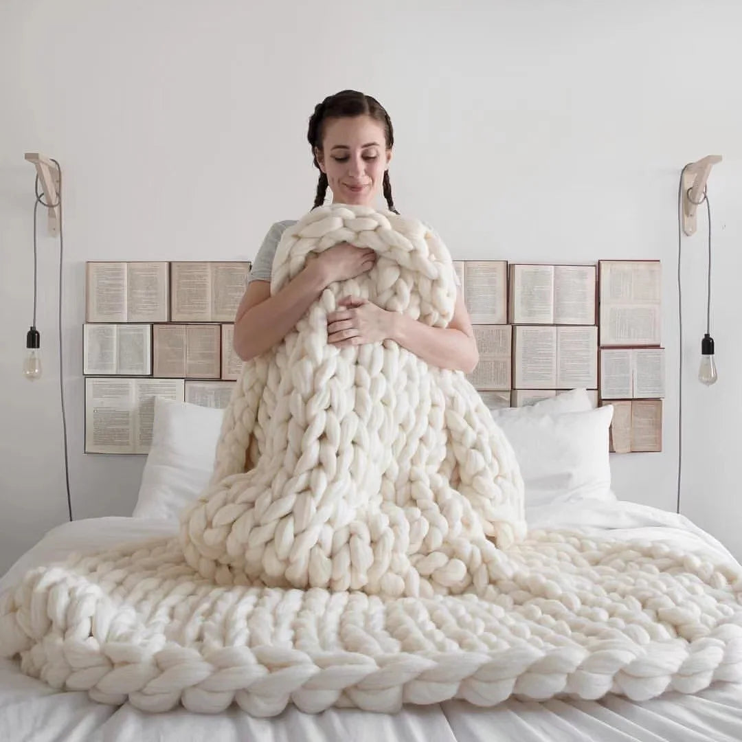 Chunky Knit Wool Blanket | Decorative Sofa Throw for Bed & Home