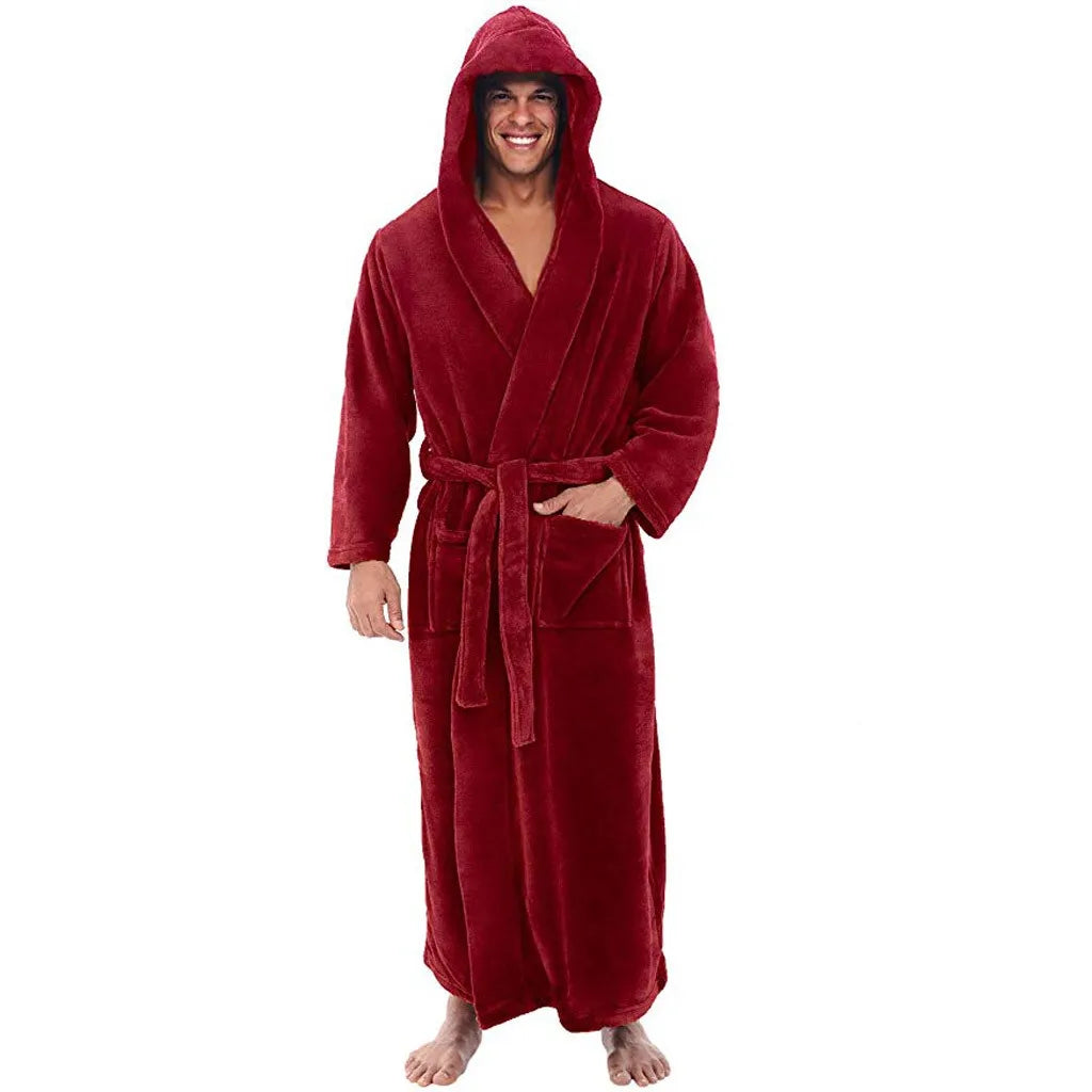 Men's Hooded Bathrobe, Plush Fleece Robe with Pockets