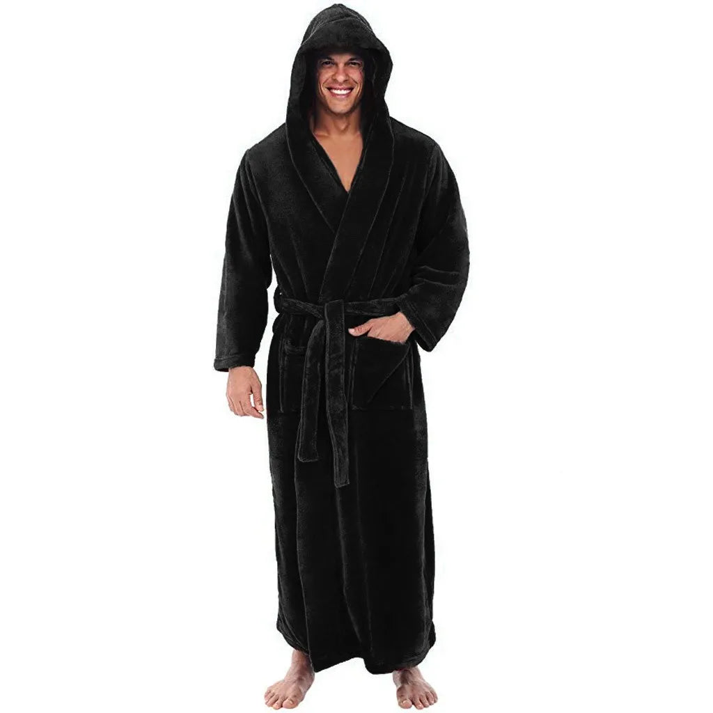 Men's Hooded Bathrobe, Plush Fleece Robe with Pockets