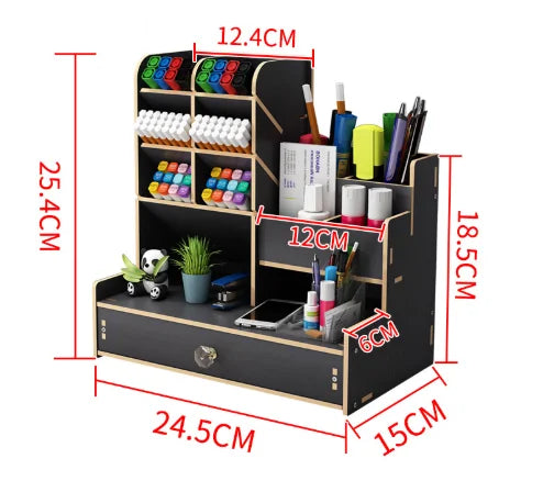 Large Wooden Desk Organizer Caddy | Desktop Stationery Storage Box