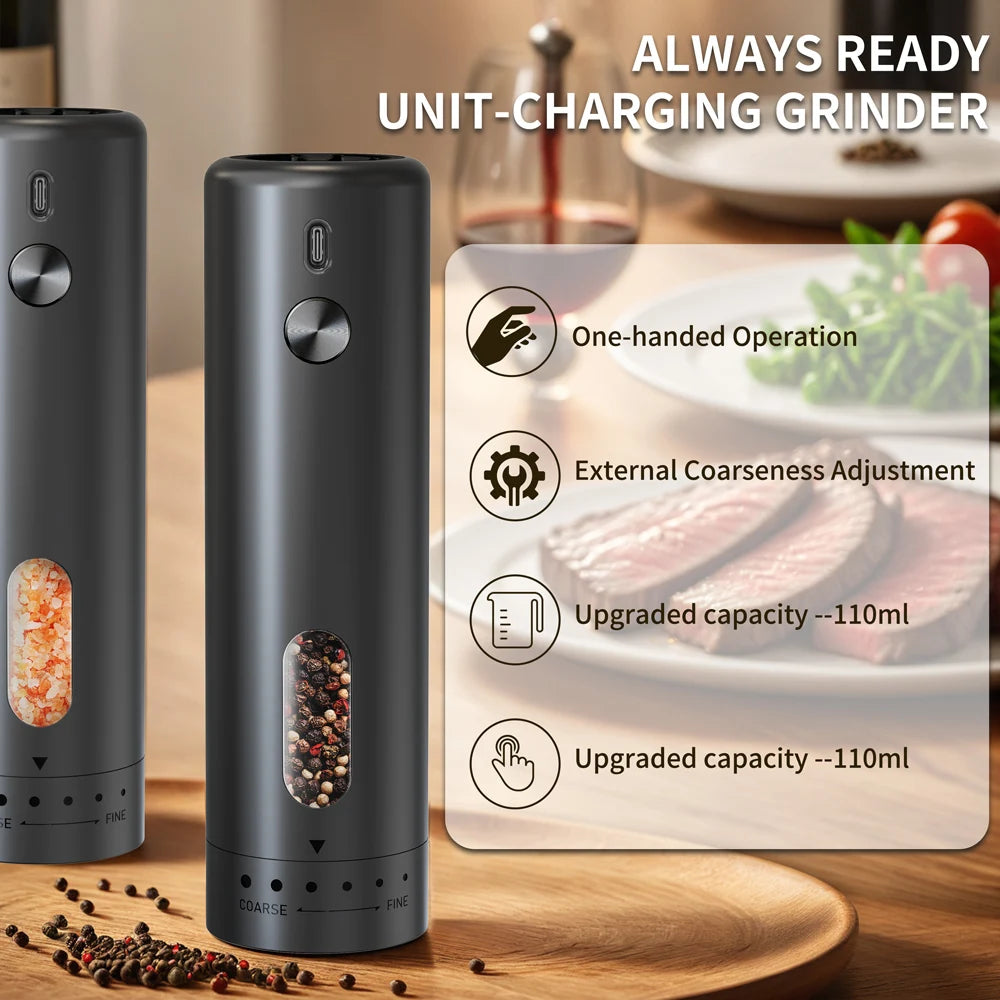 Electric Salt & Pepper Grinder - Rechargeable, Automatic, Adjustable