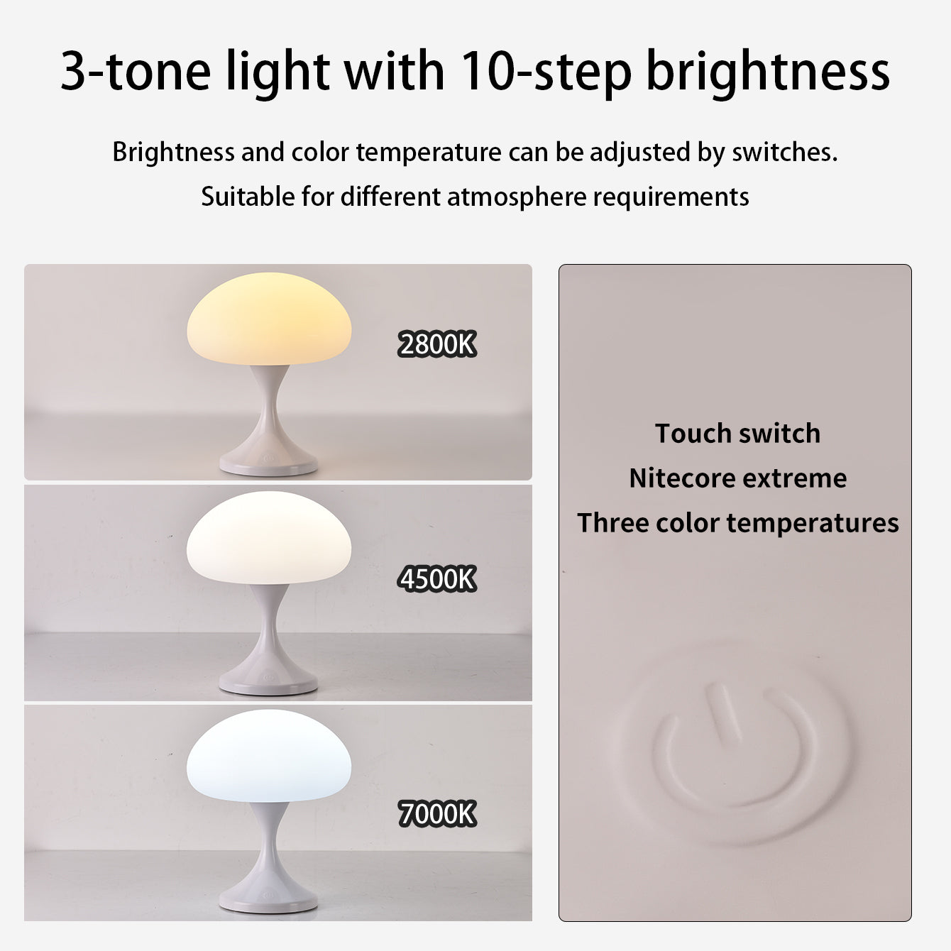 Mushroom Touch Night Light, 3-Mode Dimmable LED Bedside Lamp