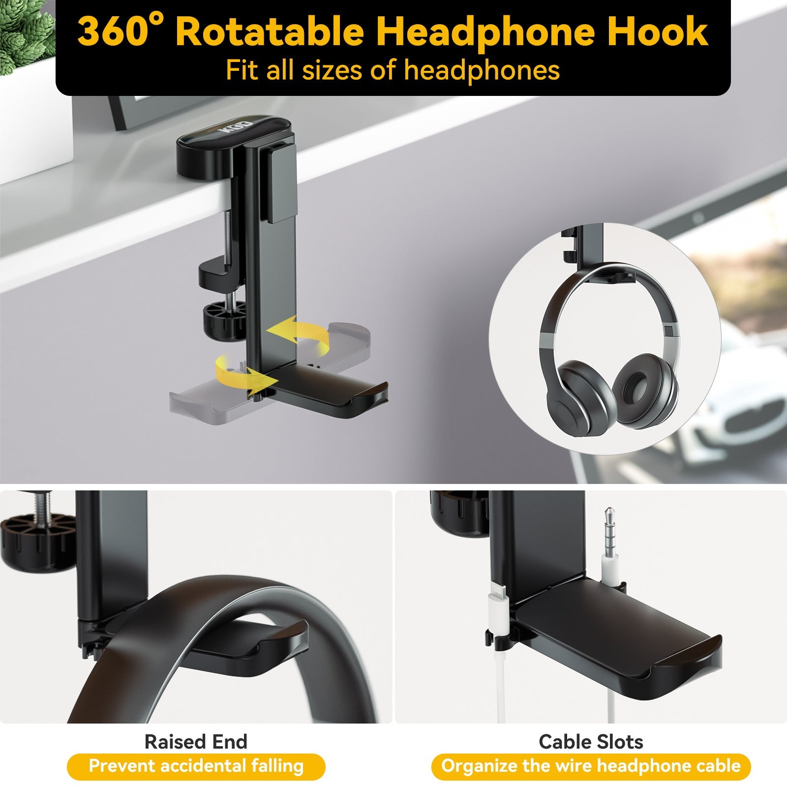 Rotating Desk Organizer - Clamp-On Headphone & Cup Holder for Workspace