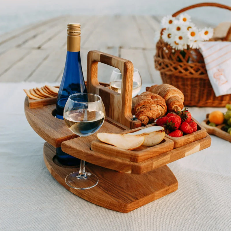 Folding Wooden Picnic Table | Portable Wine Table & Glass Holder