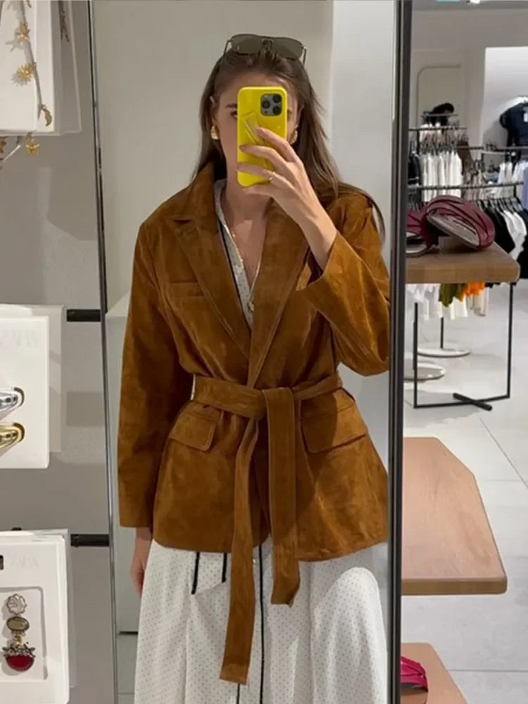 Women's Suede Belted Coat | Long Sleeve Lapel Jacket with Pockets, Autumn Fashion
