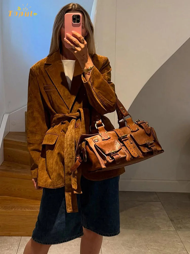 Women's Suede Belted Coat | Long Sleeve Lapel Jacket with Pockets, Autumn Fashion