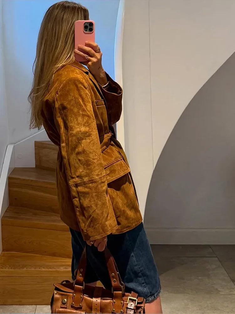 Women's Suede Belted Coat | Long Sleeve Lapel Jacket with Pockets, Autumn Fashion