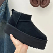 Women's Black Ultra Mini Platform Boots | Cozy Ankle Booties with Faux Fur Lining