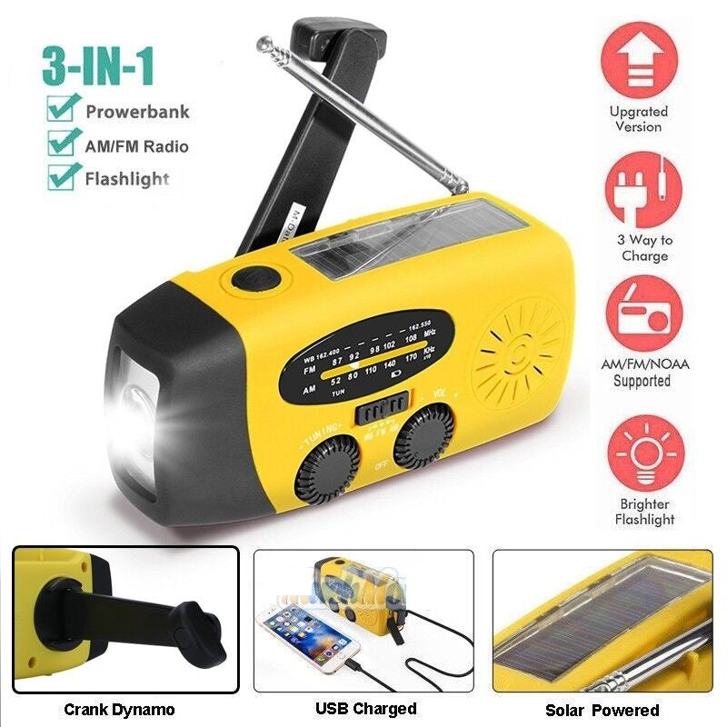 Portable Emergency Solar Radio with Hand Crank, NOAA Weather Alerts, LED Flashlight & 1000mAh Power Bank for Outdoor Survival & Camping