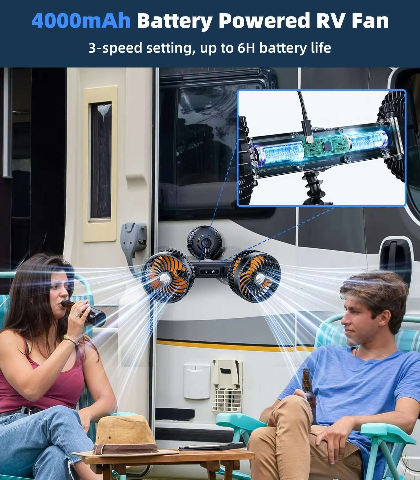 Wireless Rechargeable Car Fan with Suction Cup – 3-Speed Quiet Cooling for Car, Van & SUV
