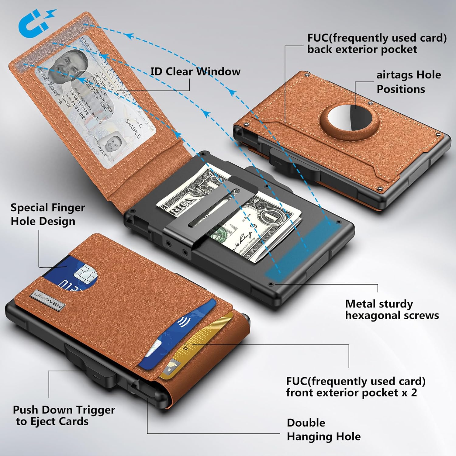 Minimalist AirTag Wallet | Slim RFID Blocking Pop Up Card Holder & Money Clip