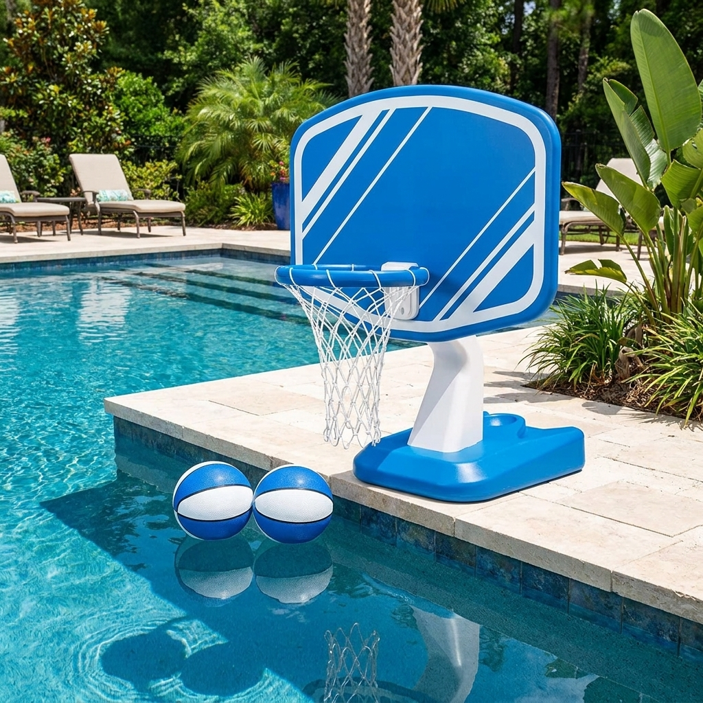 Poolside basketball hoop with backboard at a backyard swimming pool