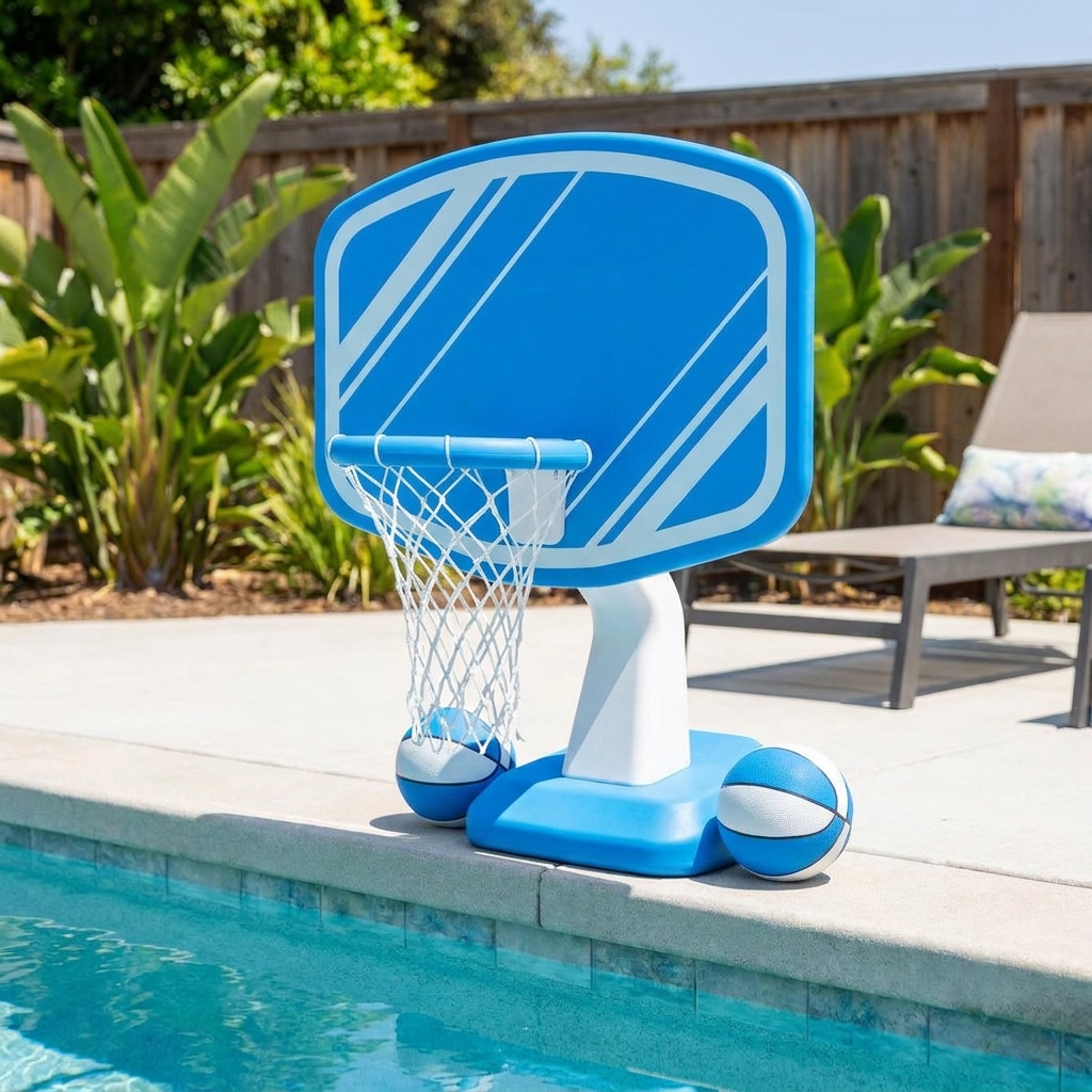 Pool basketball hoop set with dimensions by a sunny pool deck