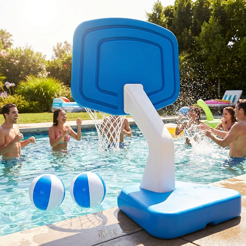 Family playing pool basketball with inflatable water basketballs