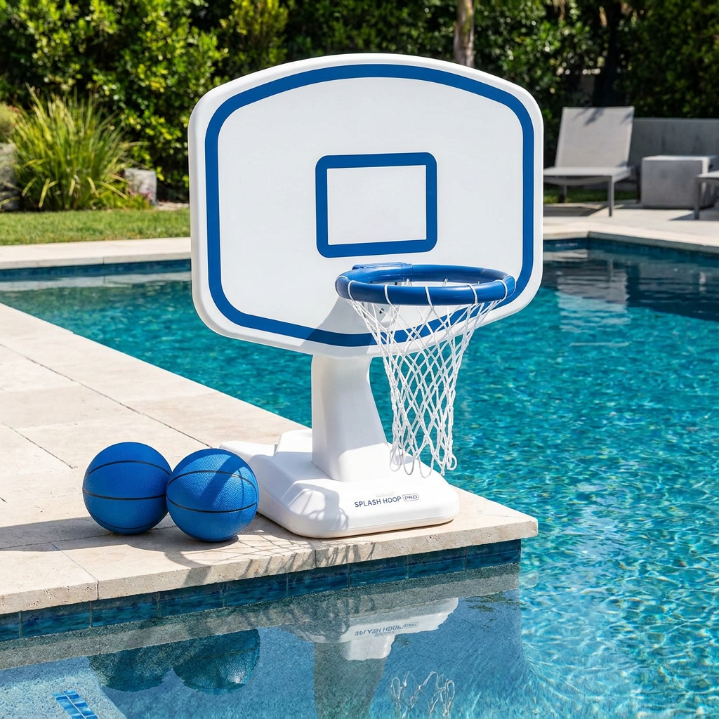 White poolside basketball hoop set at a backyard pool