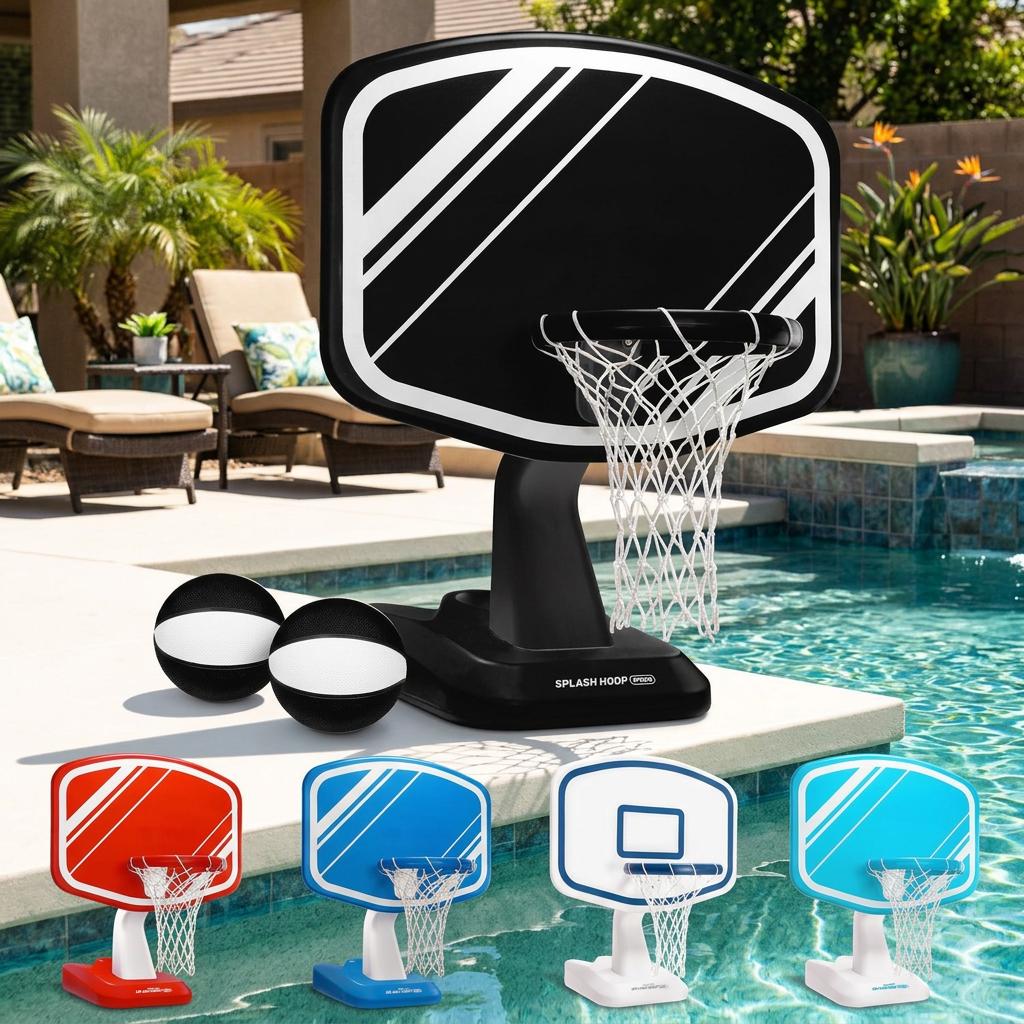 Black poolside basketball hoop set at a backyard pool