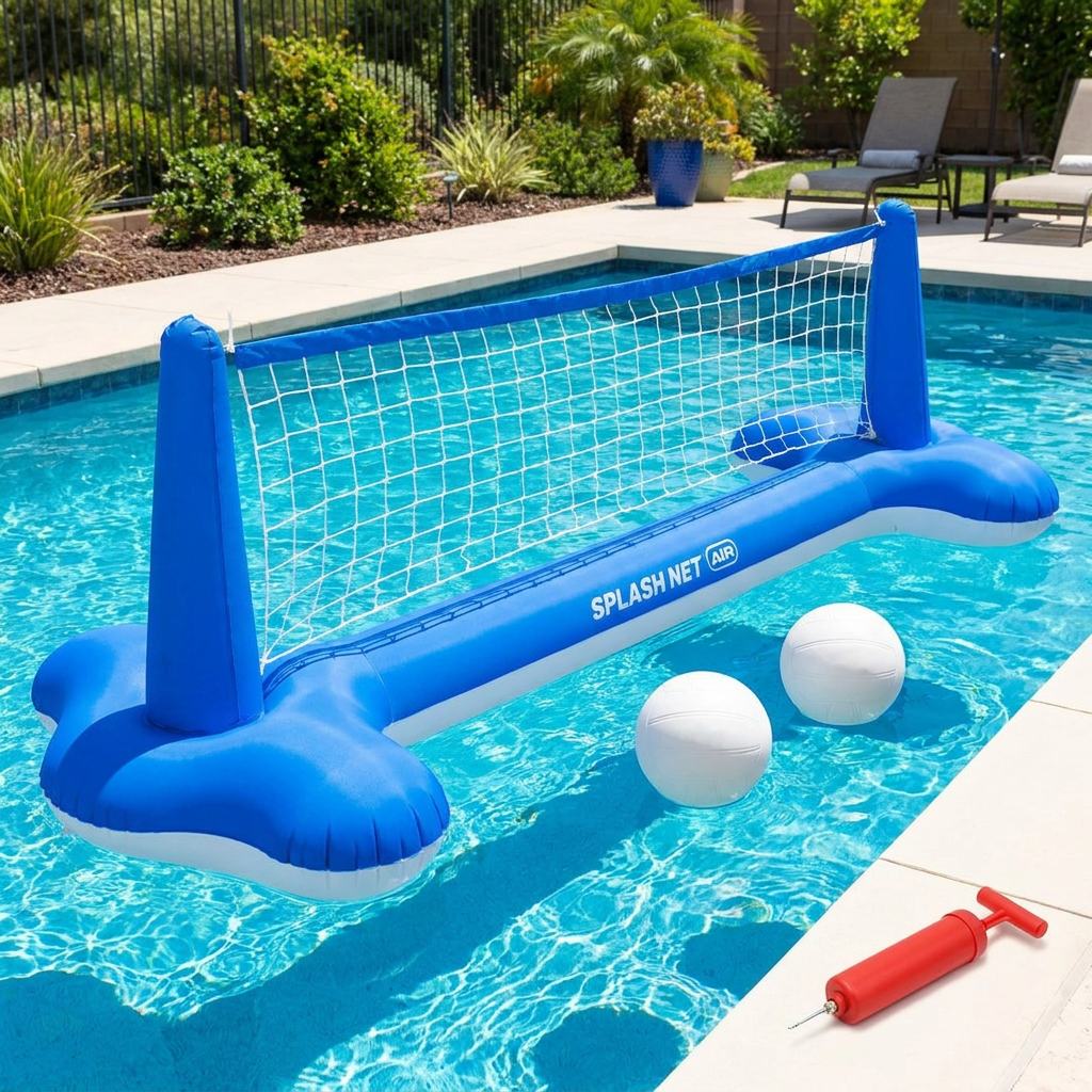 Inflatable pool volleyball net set floating in a backyard swimming pool