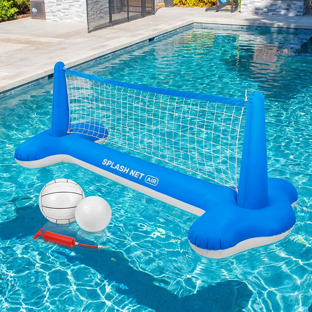 Kids and adults enjoying pool volleyball game in sunny backyard
