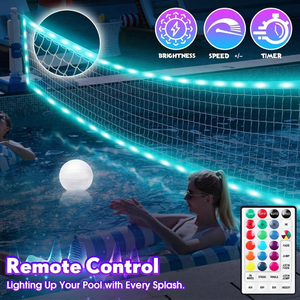 Light-up pool sport set with volleyball net and basketball hoop