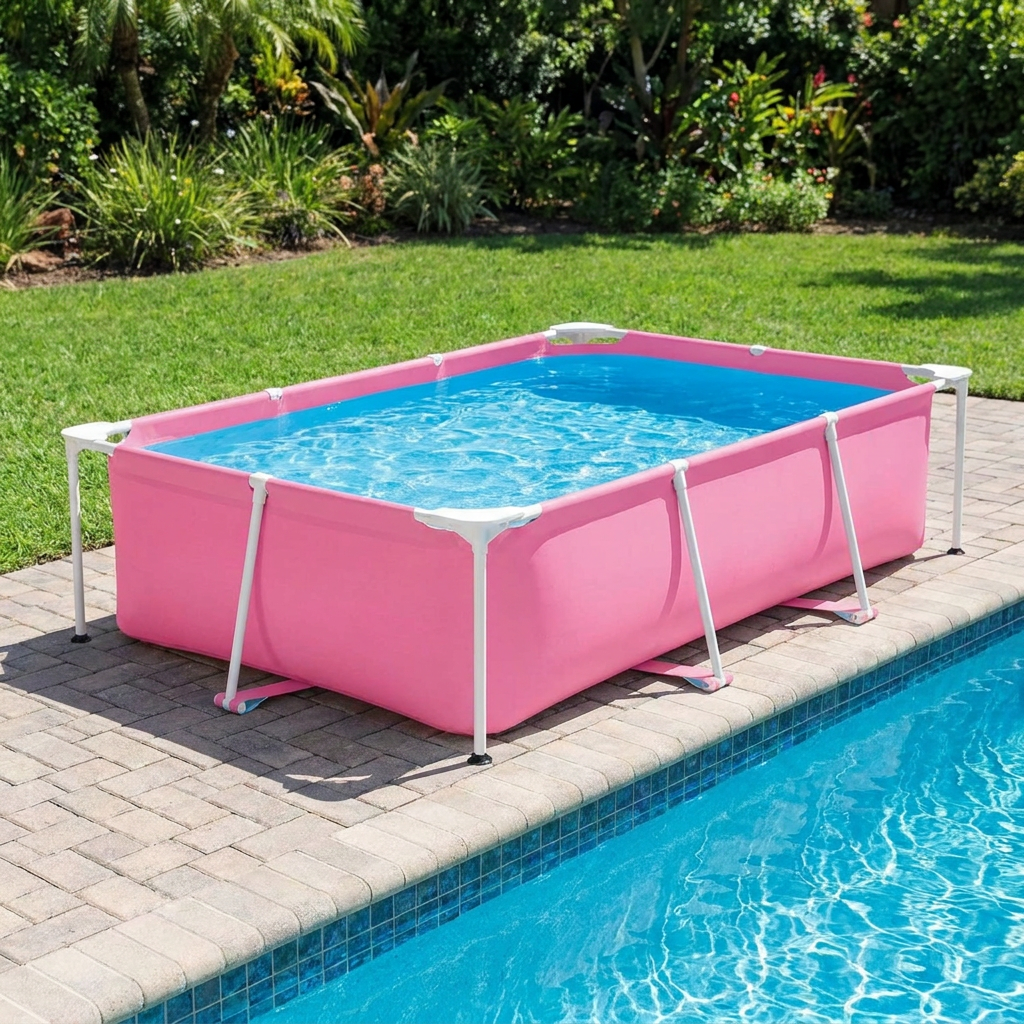 Rectangular above ground swimming pool with steel frame in a sunny backyard