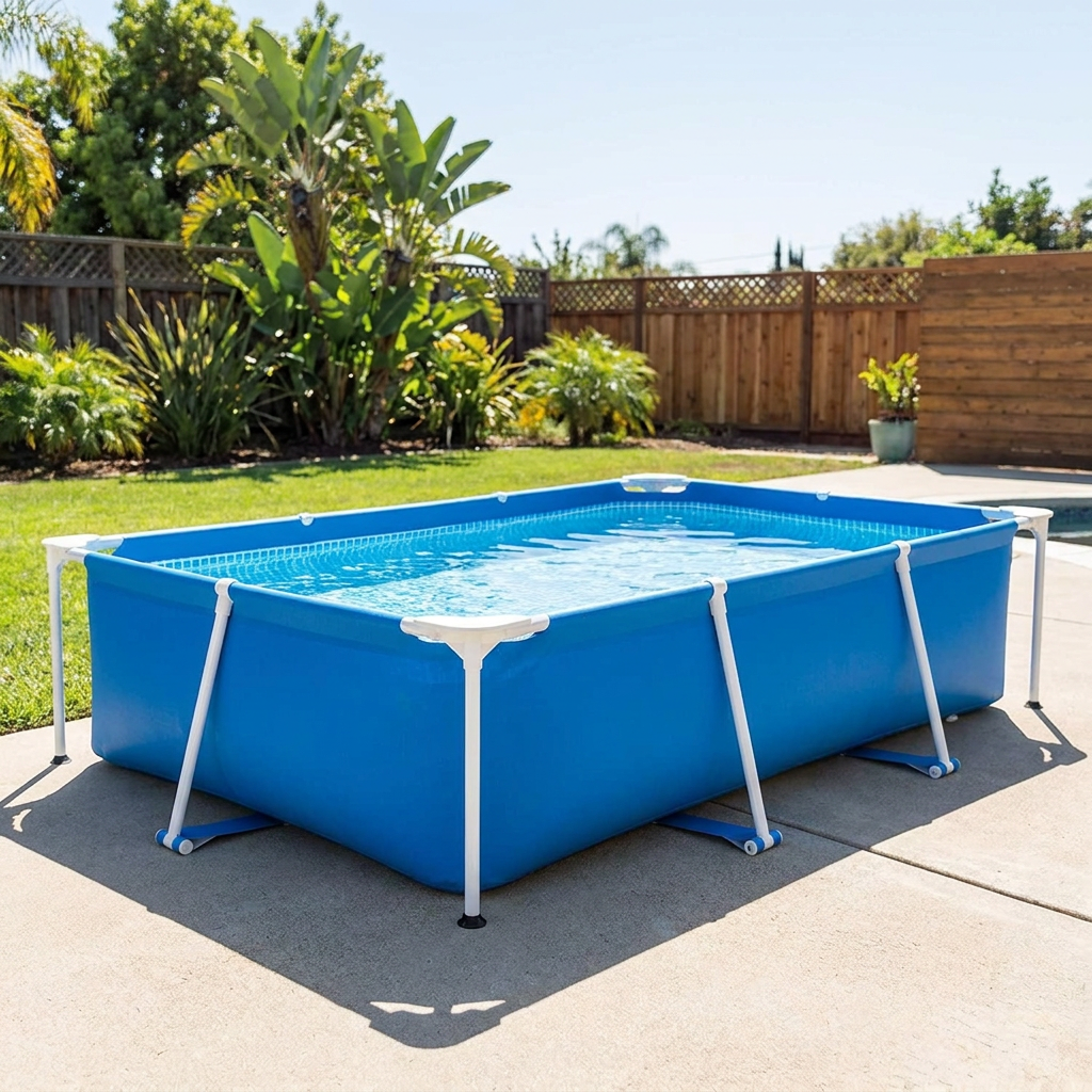 Rectangular above ground swimming pool with steel frame in a sunny backyard