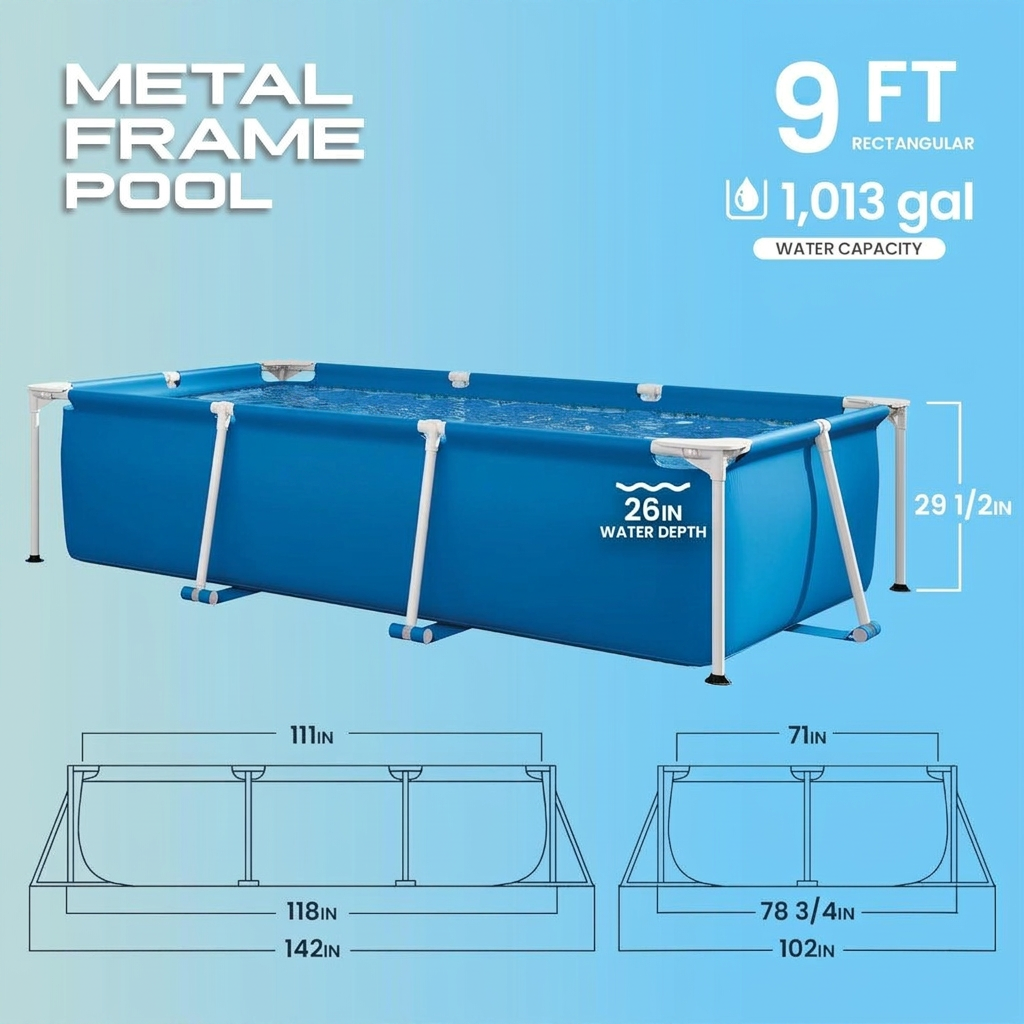 Above ground frame pool filled with clear blue water on a level lawn