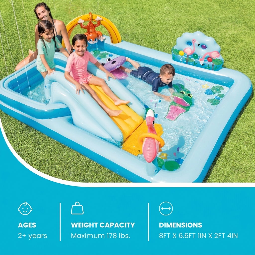 Kids water play center with sprinkler arch and toss game features