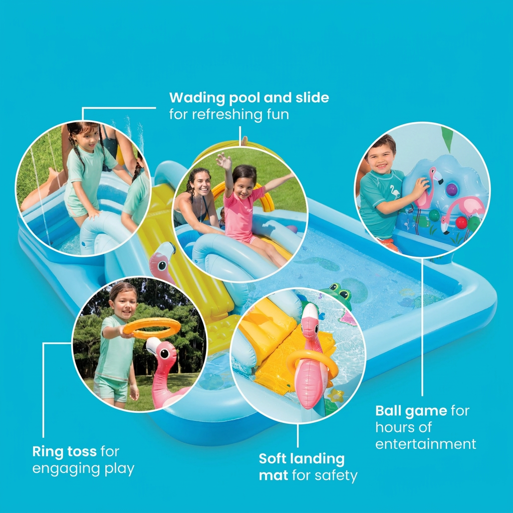 Close view of the inflatable slide and shallow splash pool