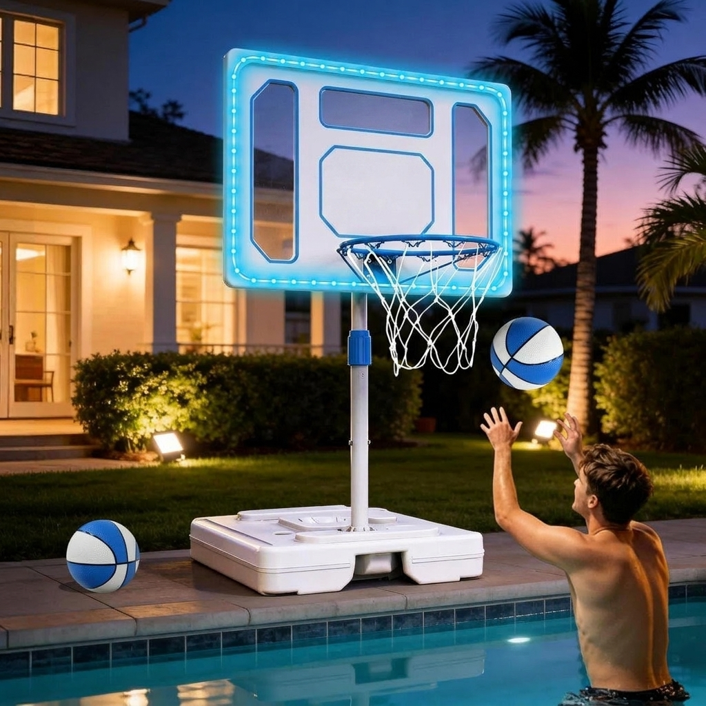 Solar lighted poolside basketball hoop with shatterproof backboard