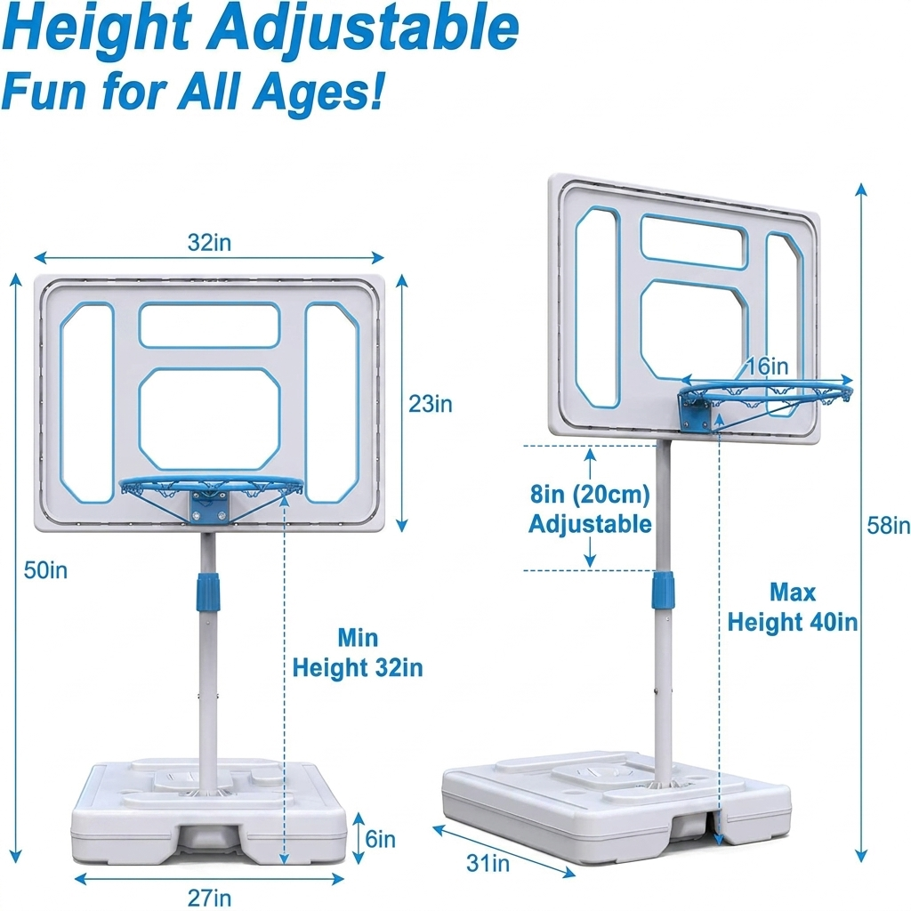 Poolside basketball goal with LED lit backboard at night