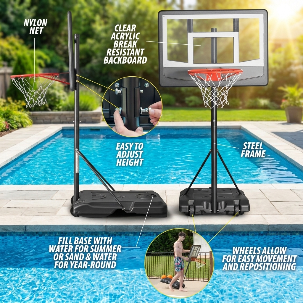 Pool basketball goal with netted backstop in use